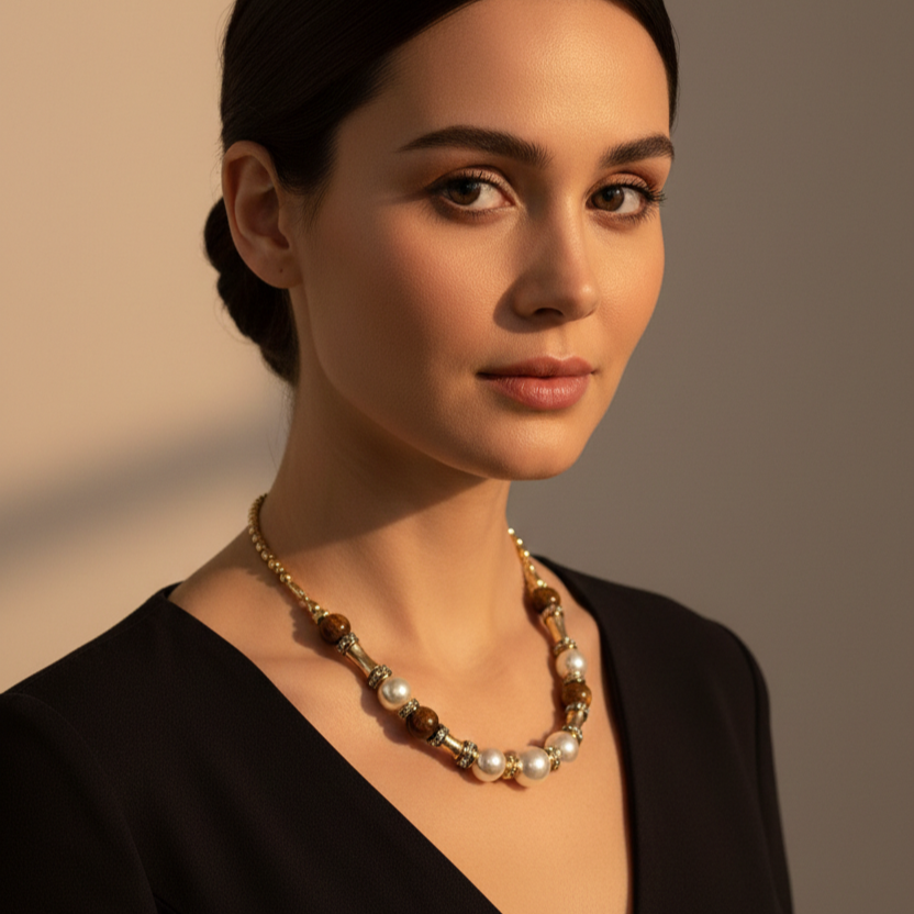 kolye-cesitleri Vintage Model Kahverengi Taşlı Ve İnci Detaylı Kolye - Görsel 1